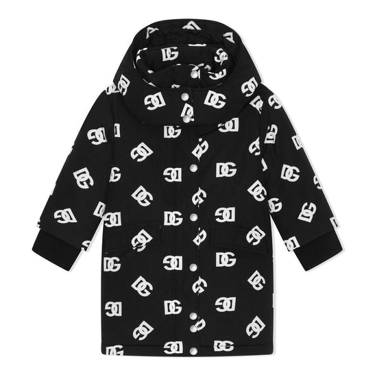 BLACK LOGO-PRINT PUFFER COAT