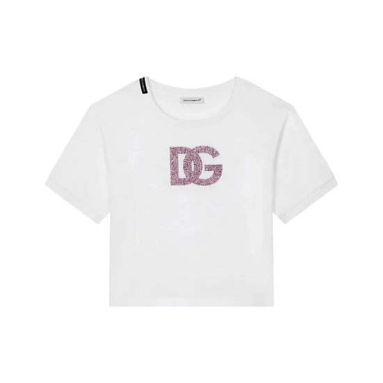 WHITE T-SHIRT WITH CRYSTAL-EMBELLISHED LOGO