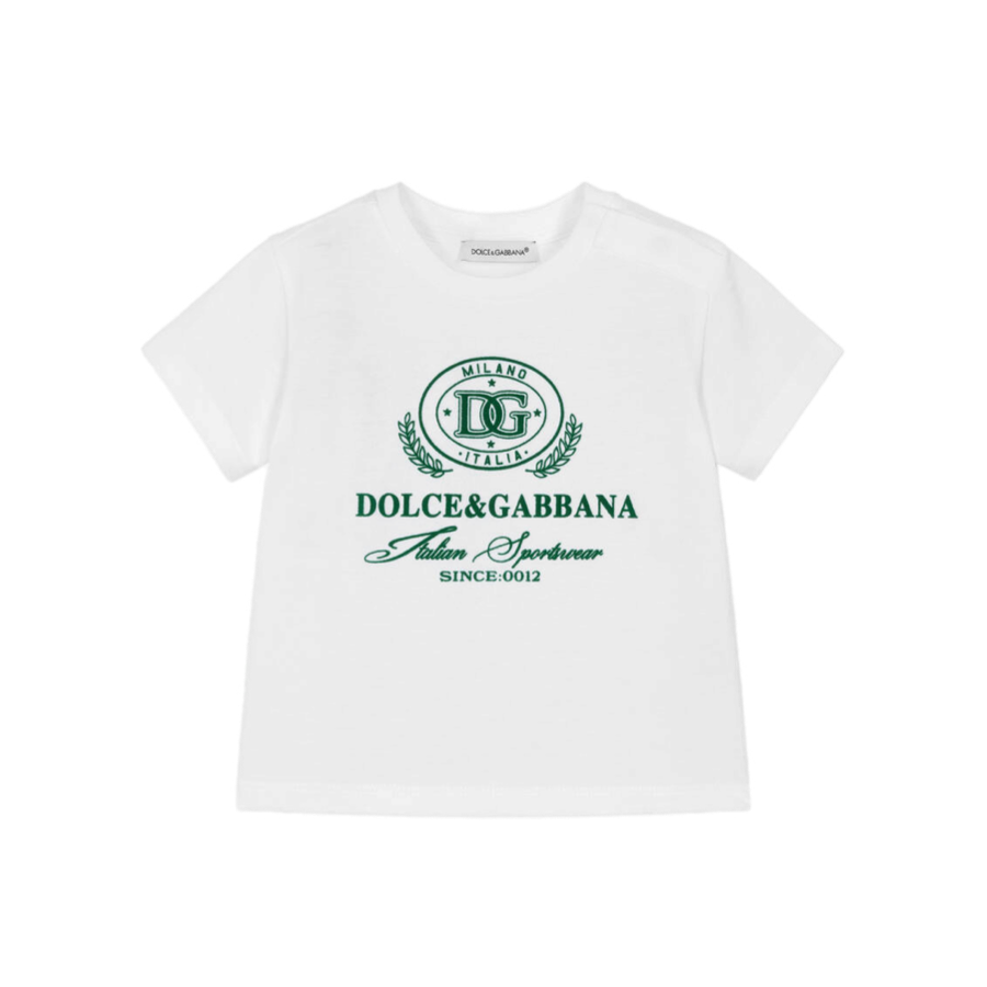 White t-shirt with green DG logo