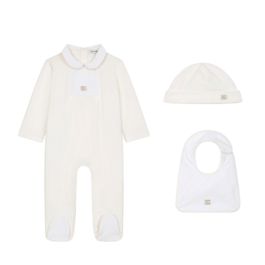 THREE PIECES BABY SET WITH DG LOGO IN GOLD
