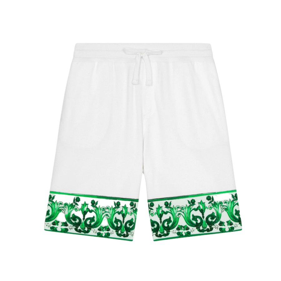 WHITE BERMUDAS WITH GREEN MAJOLICA PRINT