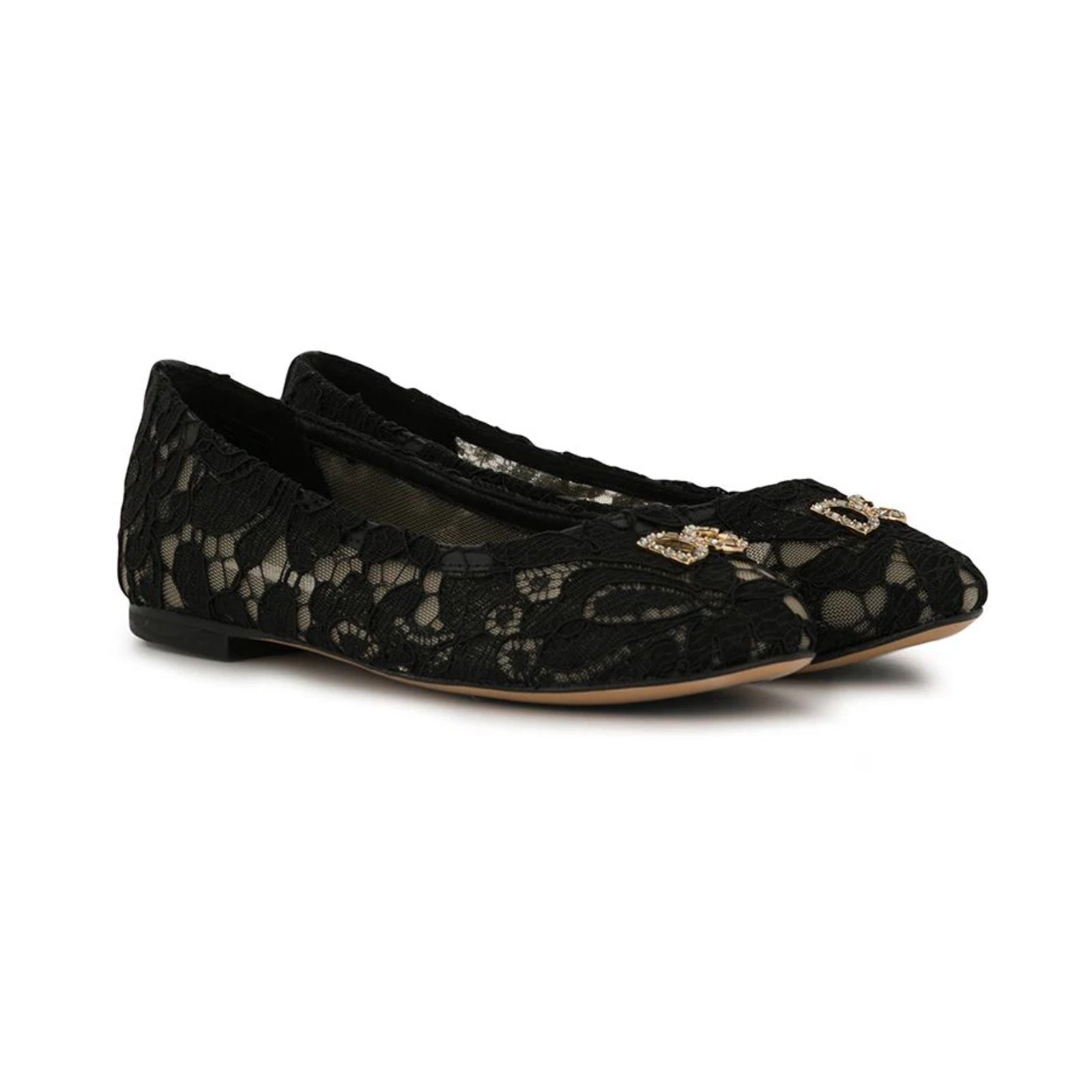 crystal-embellished lace ballerina shoes in black