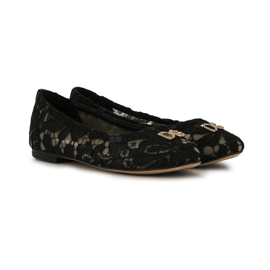 CRYSTAL-EMBELLISHED LACE BALLERINA SHOES IN BLACK
