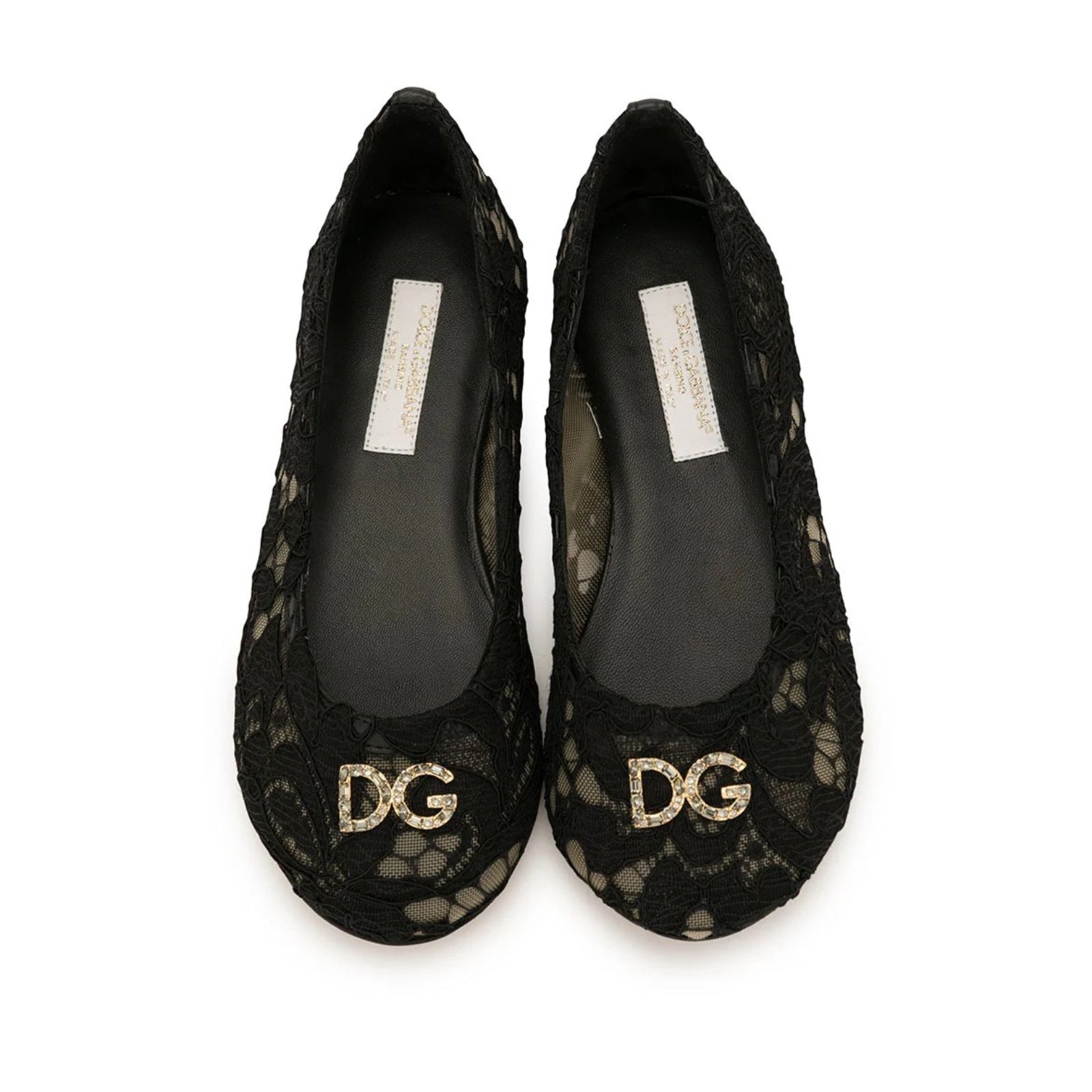 crystal-embellished lace ballerina shoes in black