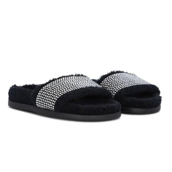 CRYSTAL-EMBELLISHED BLACK SLIDES