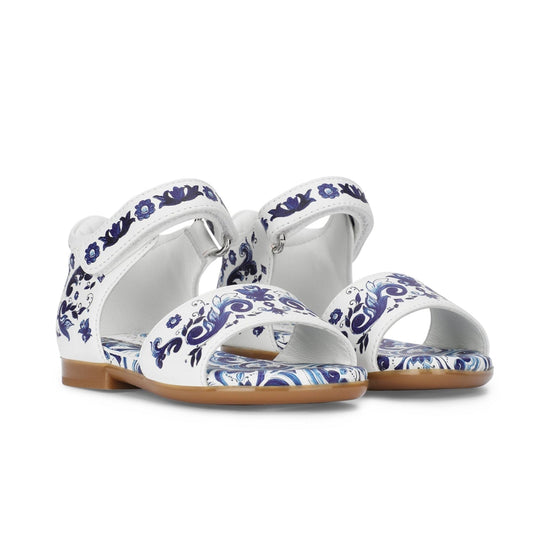 BLUE MAJOLICA-PATTERNED OPEN-TOE SANDALS