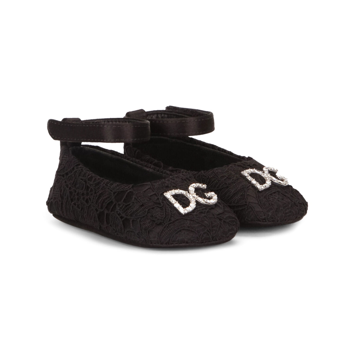 BLACK LACE BALLERINAS WITH ANKLE STRAPS AND A RHINESTONE DG LOGO
