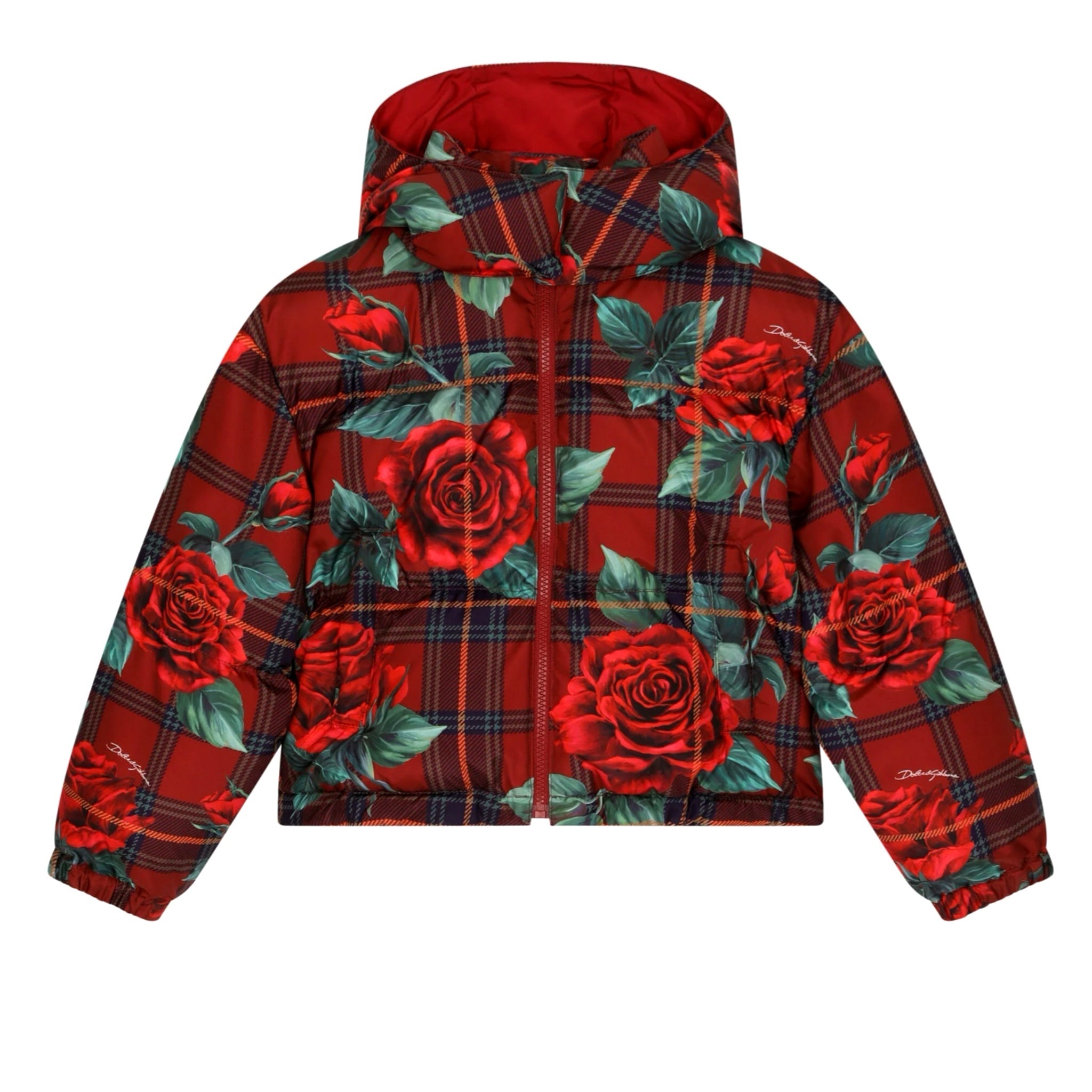 tartan-print down jacket in red