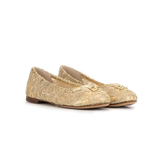 CRYSTAL-EMBELLISHED LACE BALLERINA SHOES IN GOLD