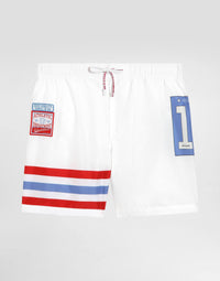 SWIM SHORTS WITH STRIPED DETAILS AND PATCHES