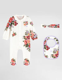 FLORAL PRINT ROMPER SET WITH BIB & HEADBAND
