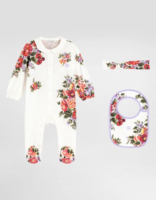 FLORAL PRINT ROMPER SET WITH BIB & HEADBAND