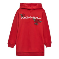 red hoodie dress with rose patches