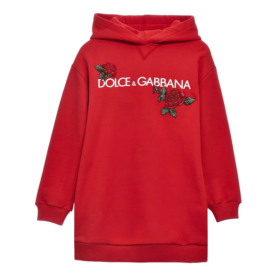 RED HOODIE DRESS WITH ROSE PATCHES