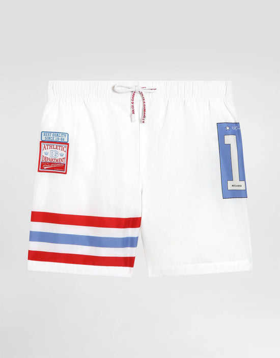 SWIM SHORTS WITH STRIPED DETAILS AND PATCHES