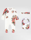 FLORAL PRINT ROMPER SET WITH BIB & HEADBAND