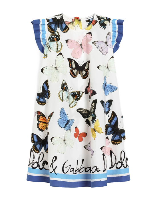 SHORT SLEEVES DRESS WHITE AND BLUE BUTTERFLY