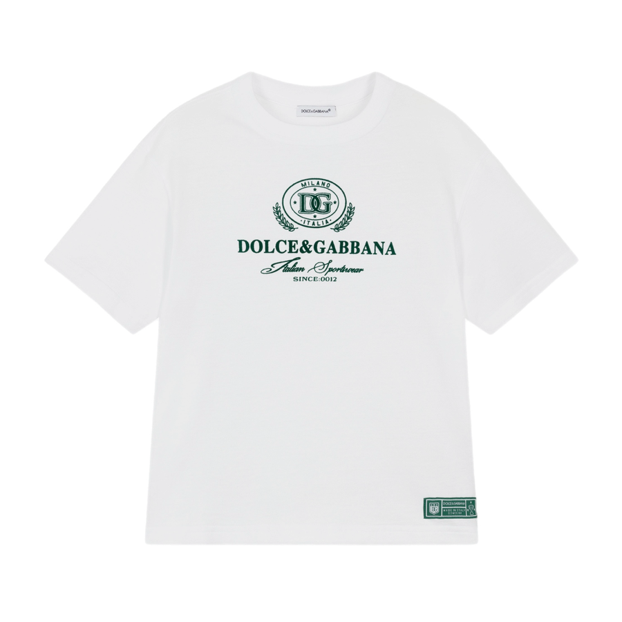 White t-shirt with green DG logo