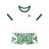 Short-sleeve romper with green majolica print