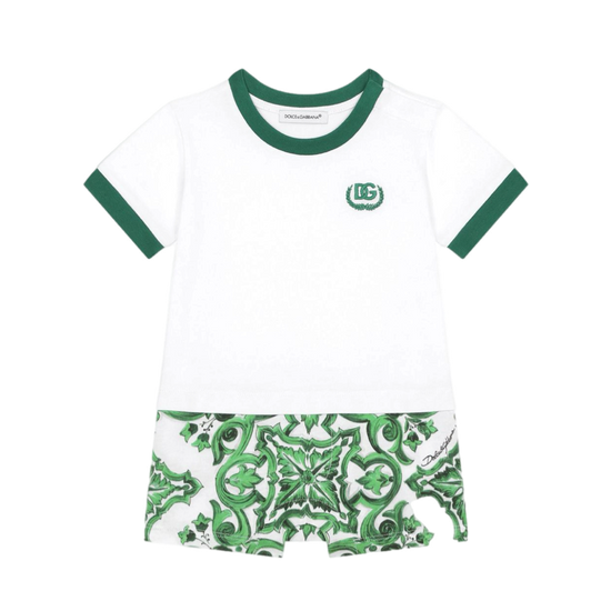 SHORT-SLEEVE ROMPER WITH GREEN MAJOLICA PRINT