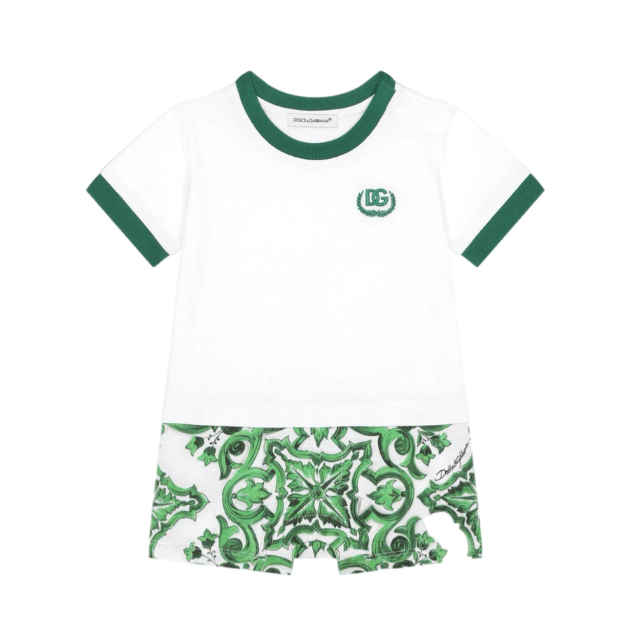 SHORT-SLEEVE ROMPER WITH GREEN MAJOLICA PRINT