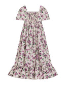 SHORT-SLEEVED POPLIN DRESS WITH VIOLET PRINT