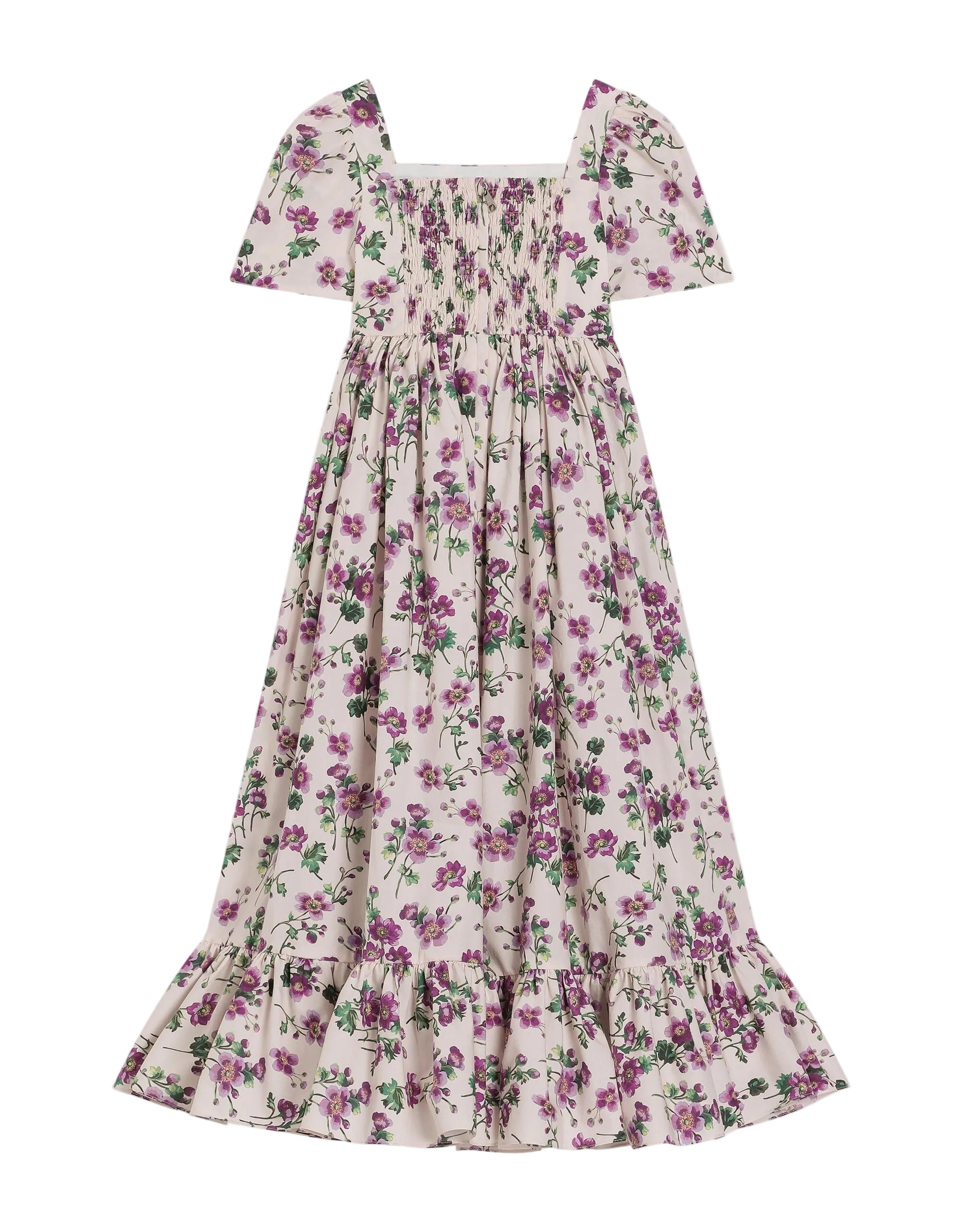 SHORT-SLEEVED POPLIN DRESS WITH VIOLET PRINT