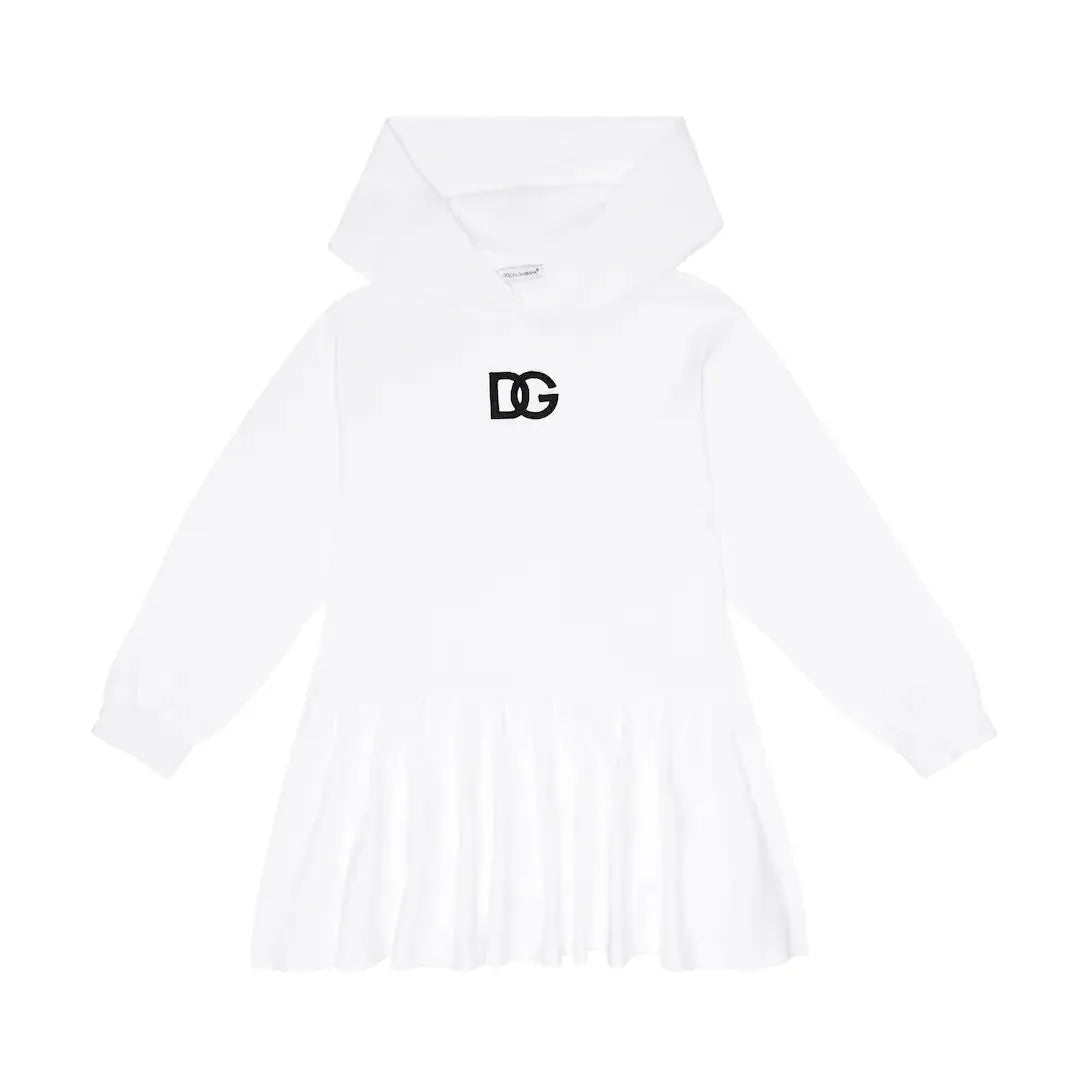 white hooded dress with logo embroidery