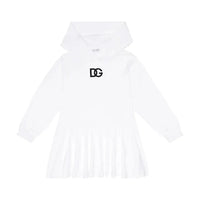 white hooded dress with logo embroidery