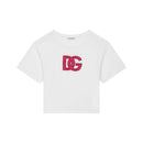 white t-shirt with fuchsia logo