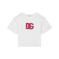 white t-shirt with fuchsia logo