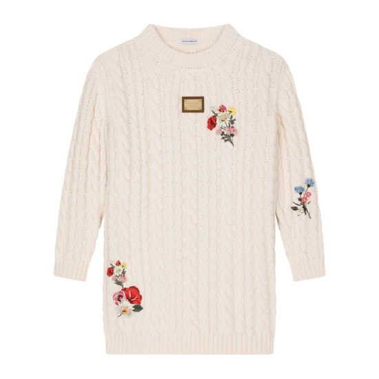 FLORAL-EMBROIDERED WOOL DRESS IN WHITE