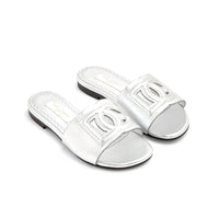 logo-detail metallic leather slides in silver