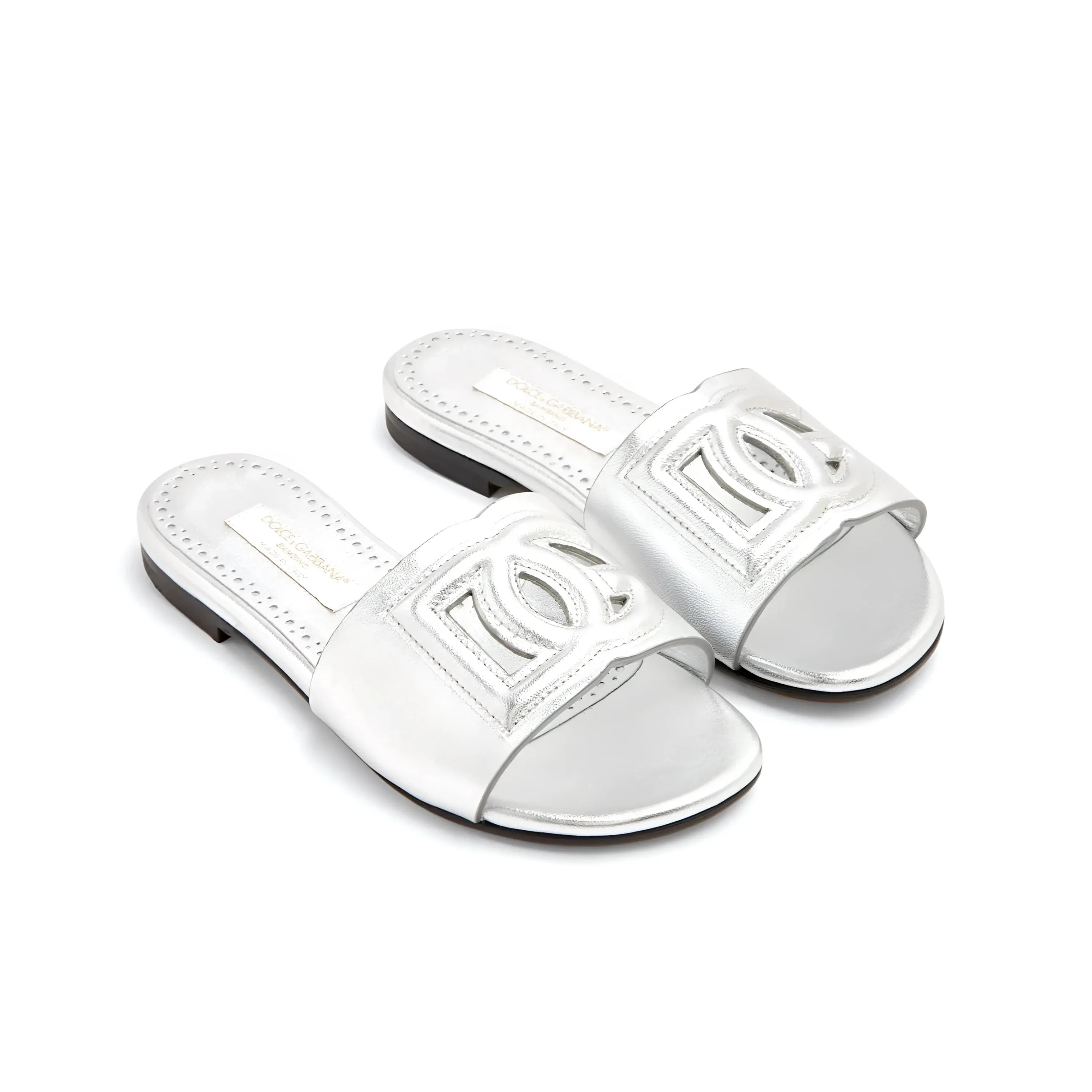 logo-detail metallic leather slides in silver