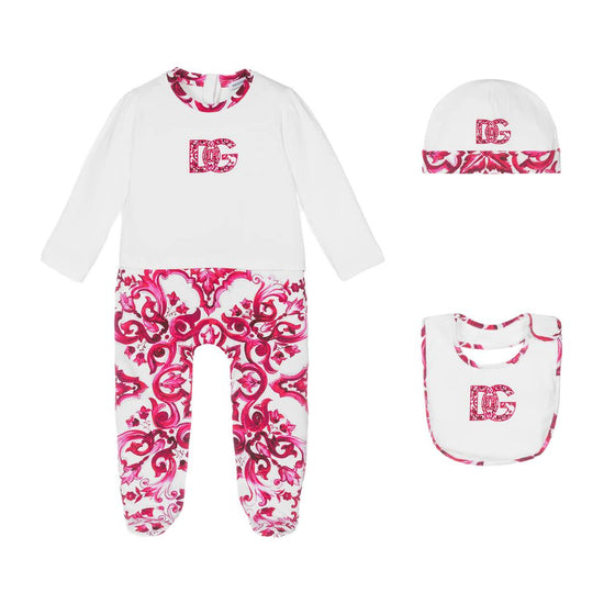 THREE-PIECE MAJOLICA-PRINT BABY SET