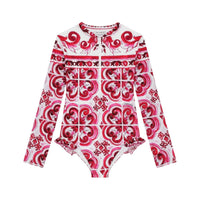 majolica print long-sleeve swimsuit